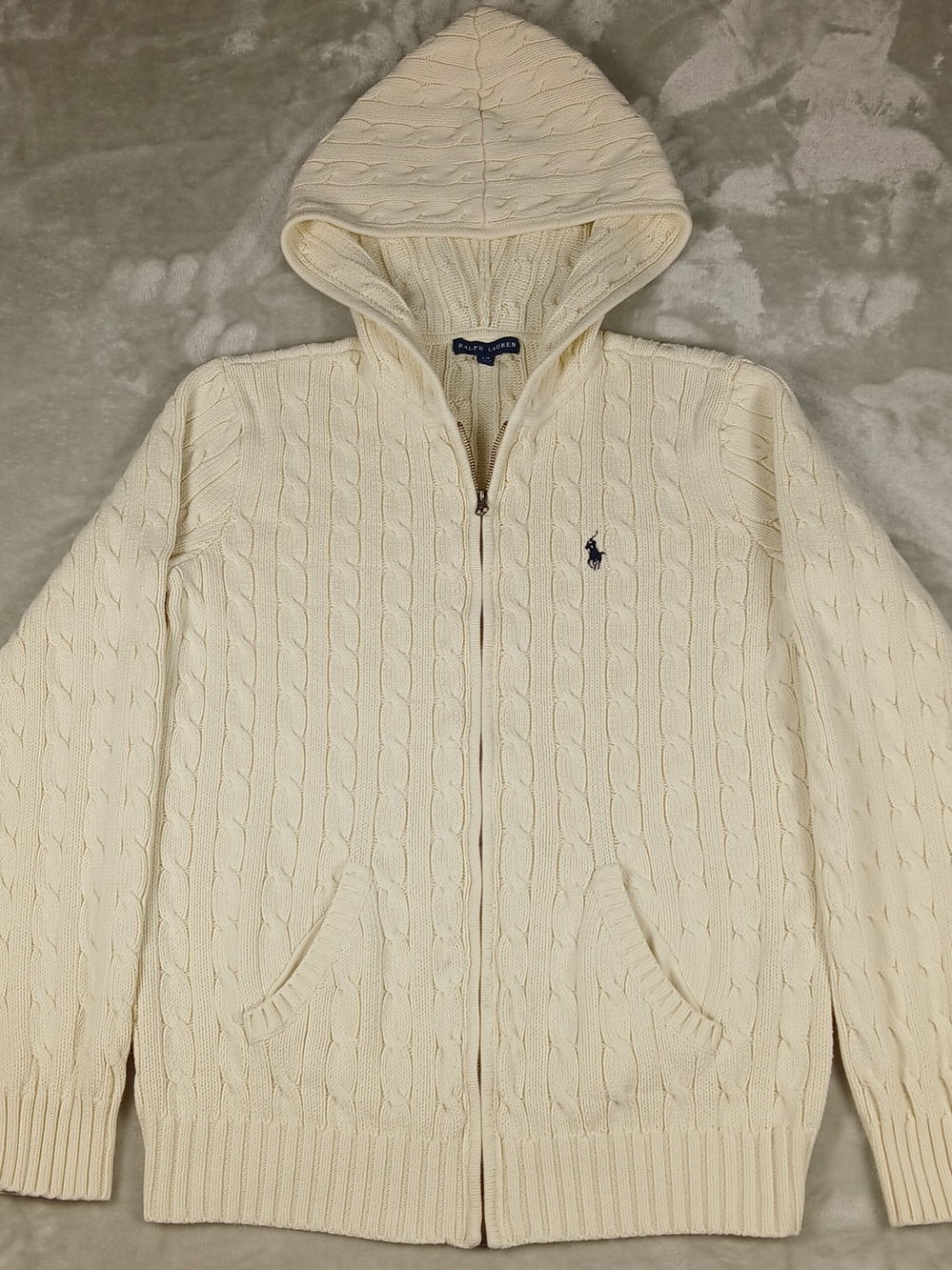 Ralph Lauren Cable Knit Hoodie Full Zip Sweater L Women's Off White Cream